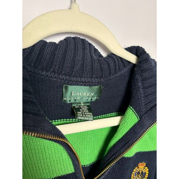 Lauren Ralph Lauren Sweater Women's Small Green Navy Stripe Quarter Zip Crest - Picture 3 of 4